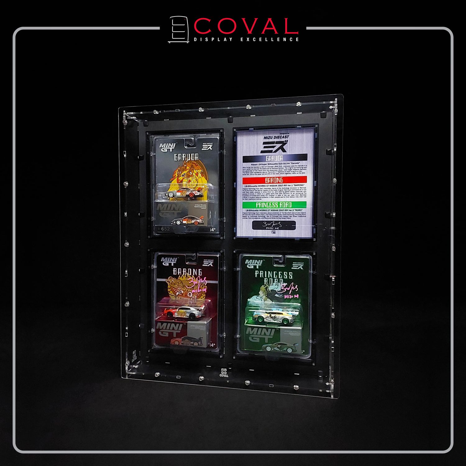 MGF-202MZ Acrylic Wallmount Display Case for 3 Blister Packed Mini GT x Mizu Diecast Cars with Limited 88pcs Mizu's Hand Signed Numbered Plaque