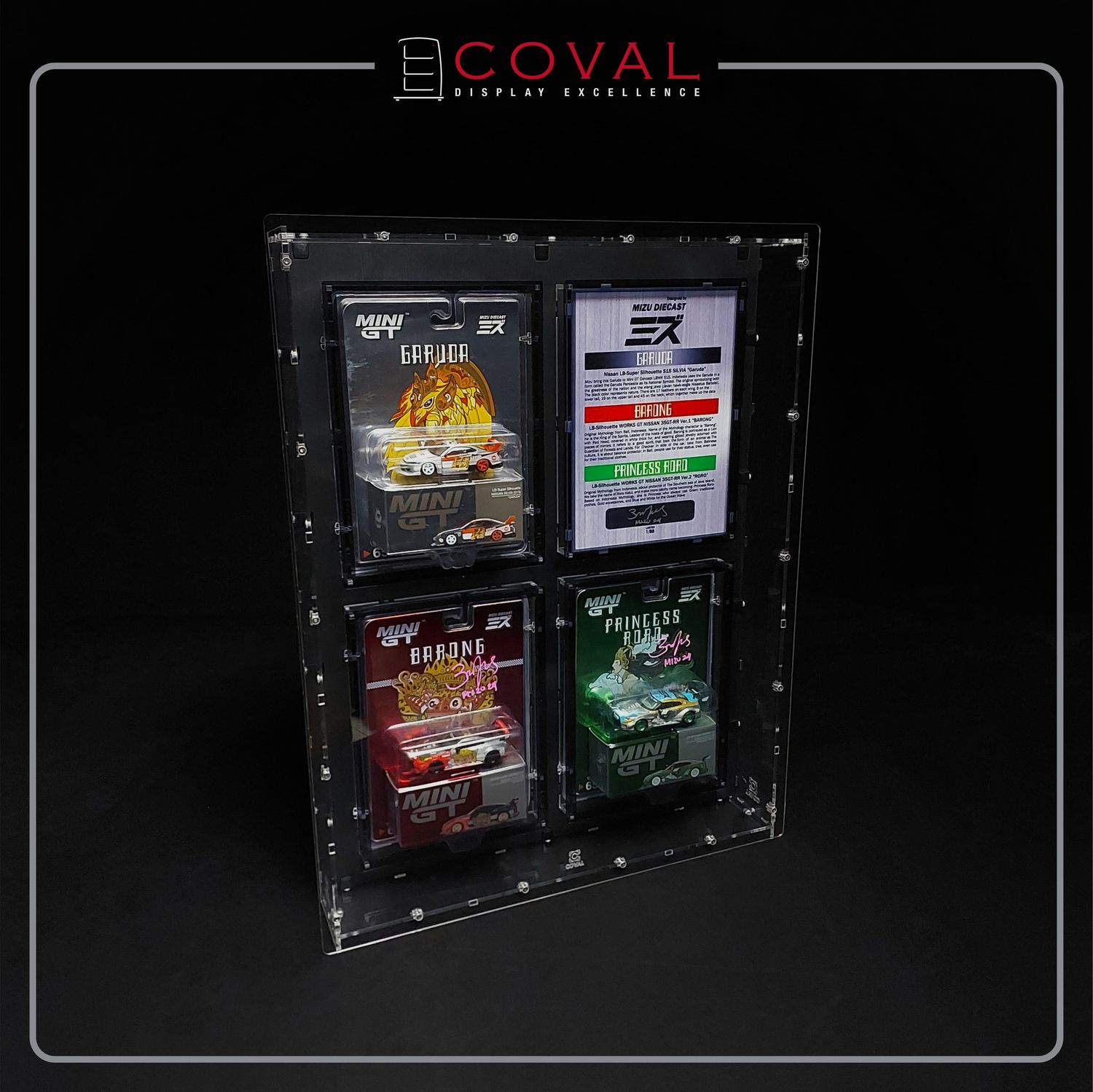 MGF-202MZ Acrylic Wallmount Display Case for 3 Blister Packed Mini GT x Mizu Diecast Cars with Limited 88pcs Mizu's Hand Signed Numbered Plaque