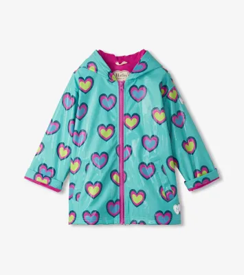 Hatley  Girls Hearts Colour Changing Zip-Up Rain Jacket Hatley  Girls Hearts Colour Changing Zip-Up Rain Jacket