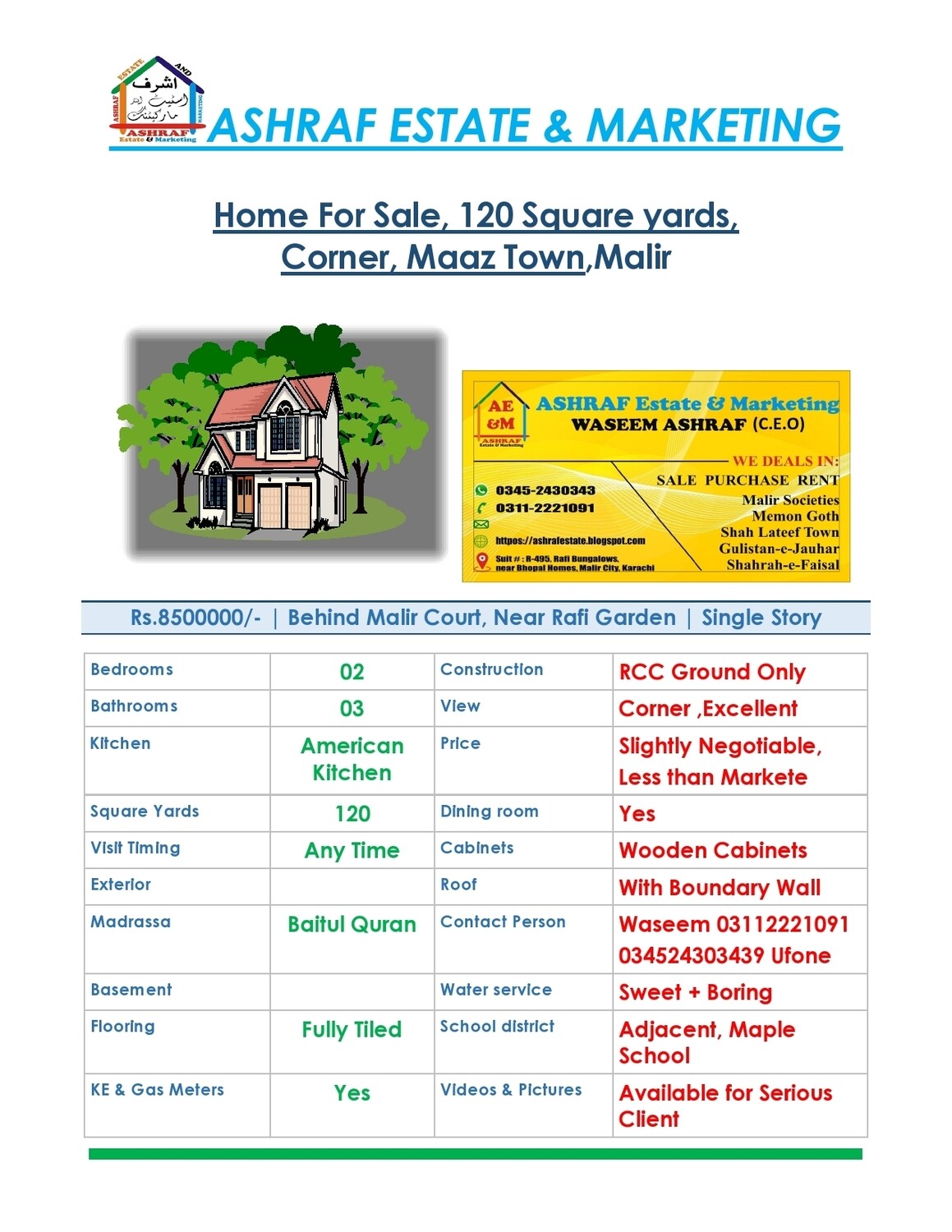 Home For Sale, Maaz Town, 120 Square Yards, Corner, Single Story