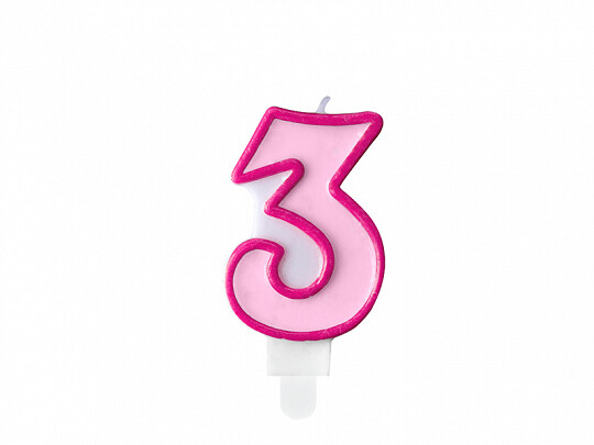 Svece - cipars "3", 7 cm, rozā krāsa