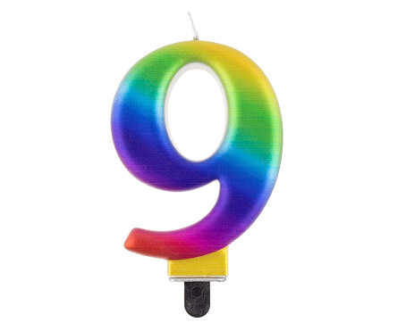 Svece - cipars "9", 8 cm, varavīksnes krāsa