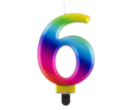Svece - cipars "6", 8 cm, varavīksnes krāsa