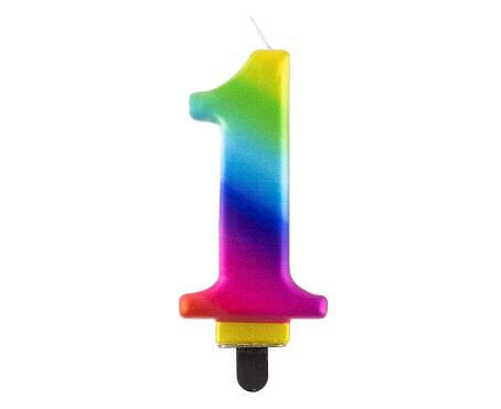 Svece - cipars "1", 8 cm, varavīksnes krāsa