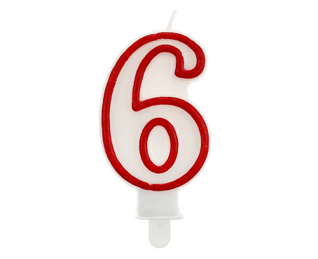 Svece - cipars "6", 5,5 cm, balta ar sarkanu maliņu
