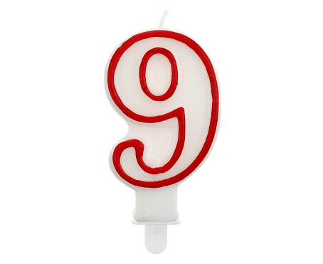 Svece - cipars "9", 5,5 cm, balta ar sarkanu maliņu