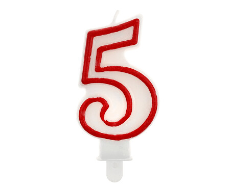 Svece - cipars "5", 5,5 cm, balta ar sarkanu maliņu