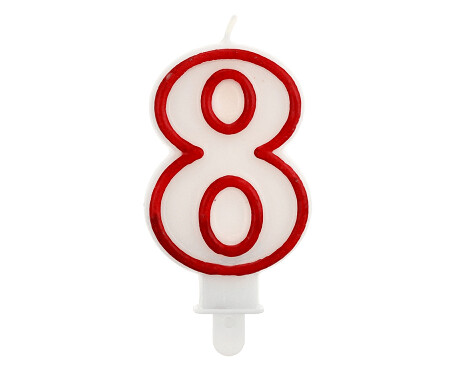 Svece - cipars "8", 5,5 cm, balta ar sarkanu maliņu