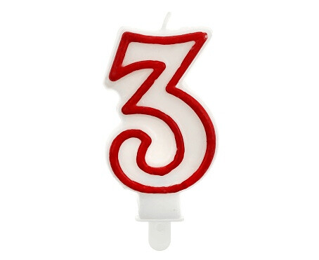 Svece - cipars "3", 5,5 cm, balta ar sarkanu maliņu