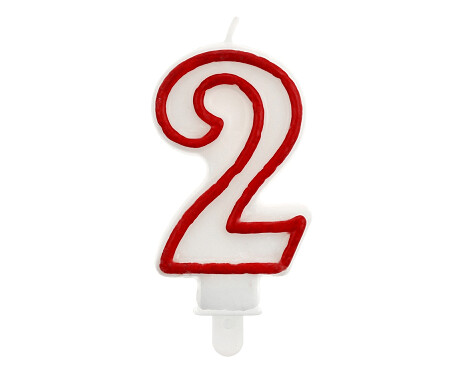 Svece - cipars "2", 5,5 cm, balta ar sarkanu maliņu
