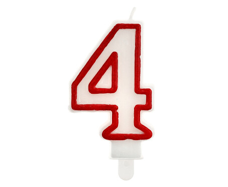 Svece - cipars "4", 5,5 cm, balta ar sarkanu maliņu