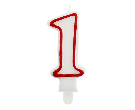Svece - cipars "1", 5,5 cm, balta ar sarkanu maliņu