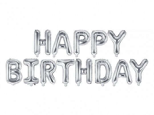 Folija uzraksts "HAPPY BIRTHDAY", 340x35 cm, sudraba krāsa