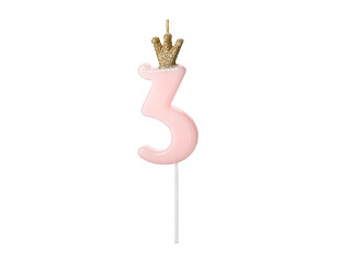 Svece-cipars "3", 9,5 cm, maigi rozā