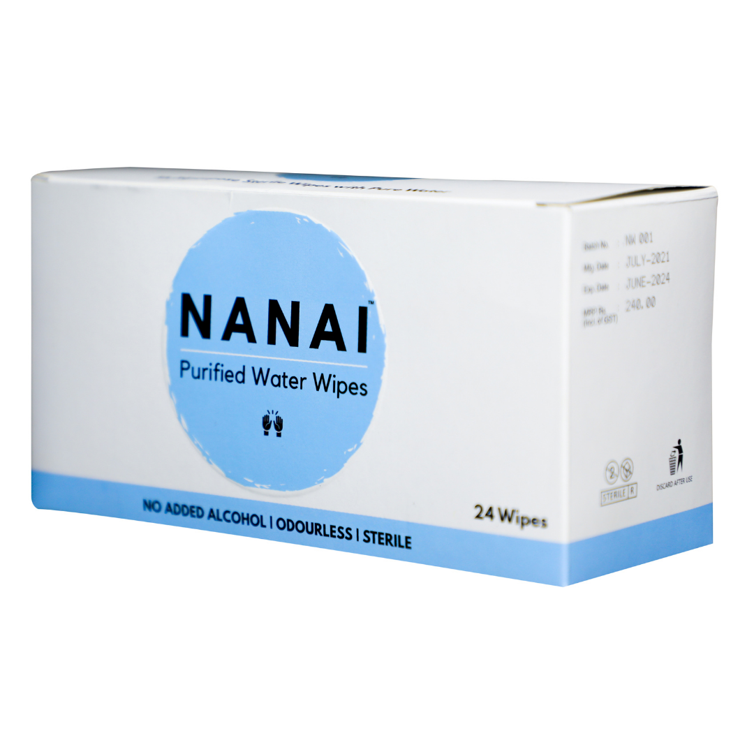 Nanai Wipes Personal Pack (Box of 24 Wipes) | Chemical free, Odorless, Sterile, Purified Water Wet Wipes to Clean/ Wet hands before food