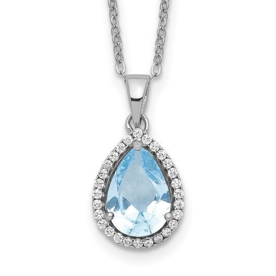 Sterling Silver Rhodium Polished Created Aquamarine and CZ Necklace