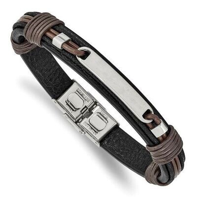 Stainless Steel Polished Black and Brown Leather 8.25 inch ID Bracelet