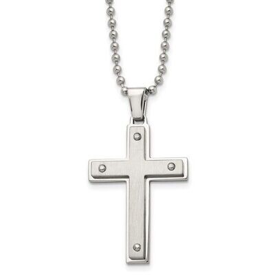 Stainless Steel Brushed and Polished Cross Pendant on a 22 inch Ball Chain Necklace