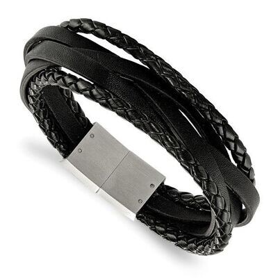 Stainless Steel Brushed Multi Strand Black Braided Leather 8.25 inch Bracelet