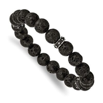 Stainless Steel Polished Black Enamel Lava Stone Beaded Stretch Bracelet