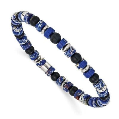 Stainless Steel Polished Blue Emperor and Black Onyx Beaded Stretch Bracelet