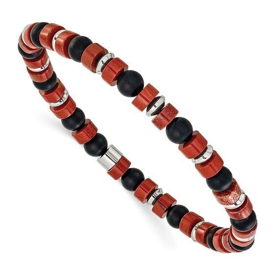Stainless Steel Polished Red Agate and Black Onyx Beaded Stretch Bracelet