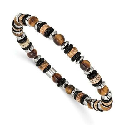 Stainless Steel Polished Tiger's Eye, Picture Jasper and Black Onyx Beaded Stretch Bracelet