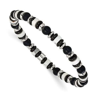 Stainless Steel Polished White Howlite and Black Onyx Beaded Stretch Bracelet
