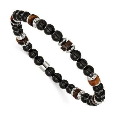 Stainless Steel Polished Black Onyx and Tiger's Eye Beaded Stretch Bracelet