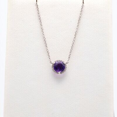 14kt White Gold Amethyst Necklace With Diamond Halo