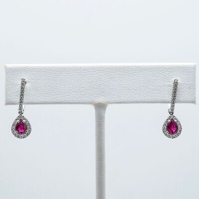 Leverback Pear Ruby Drop Earrings with Diamond Halo