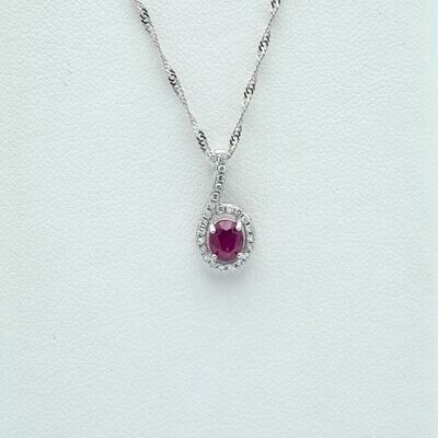 14K White Gold Ruby Necklace with Diamond Halo