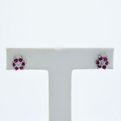 14K White Gold Ruby and Diamond Flower Earrings