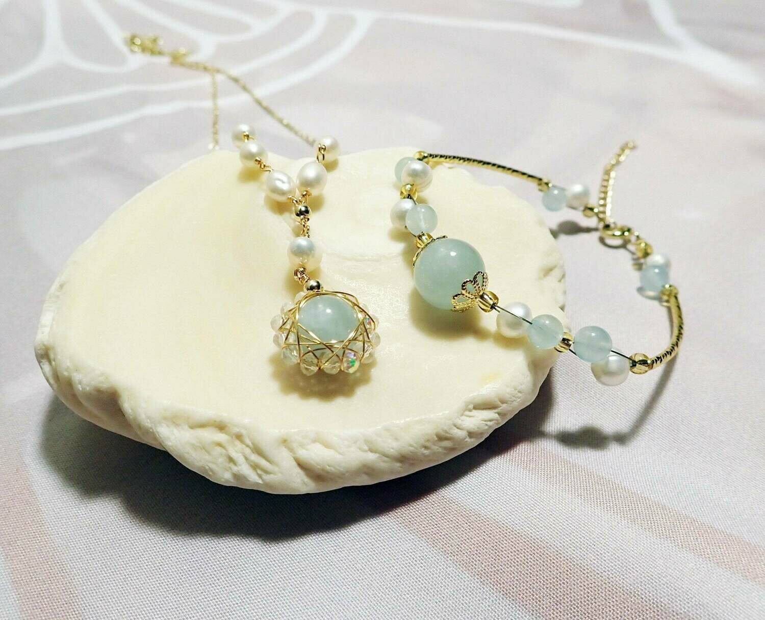 Pearl Aventurine 14k Gold-Plated Statement Necklace Bracelet Set