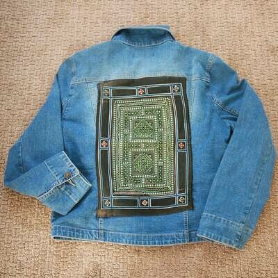 Tribal Embellished Vintage Denim Jacket | Paj Ntaub
