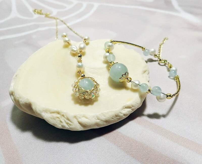 Pearl Aventurine 14k Gold-Plated Statement Necklace Bracelet Set
