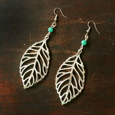 Tropical Leave Silver-coated Dangle and Drop Earrings with Emerald