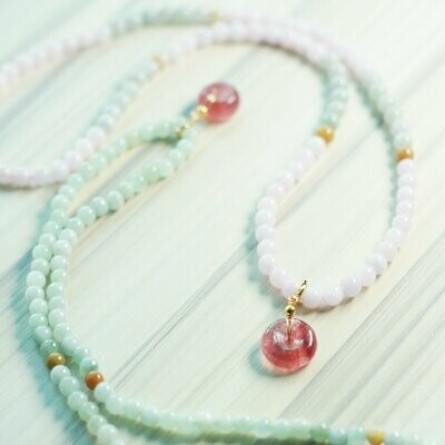 Natural Pink Jade and Strawberry Quartz Energy Calming Necklace