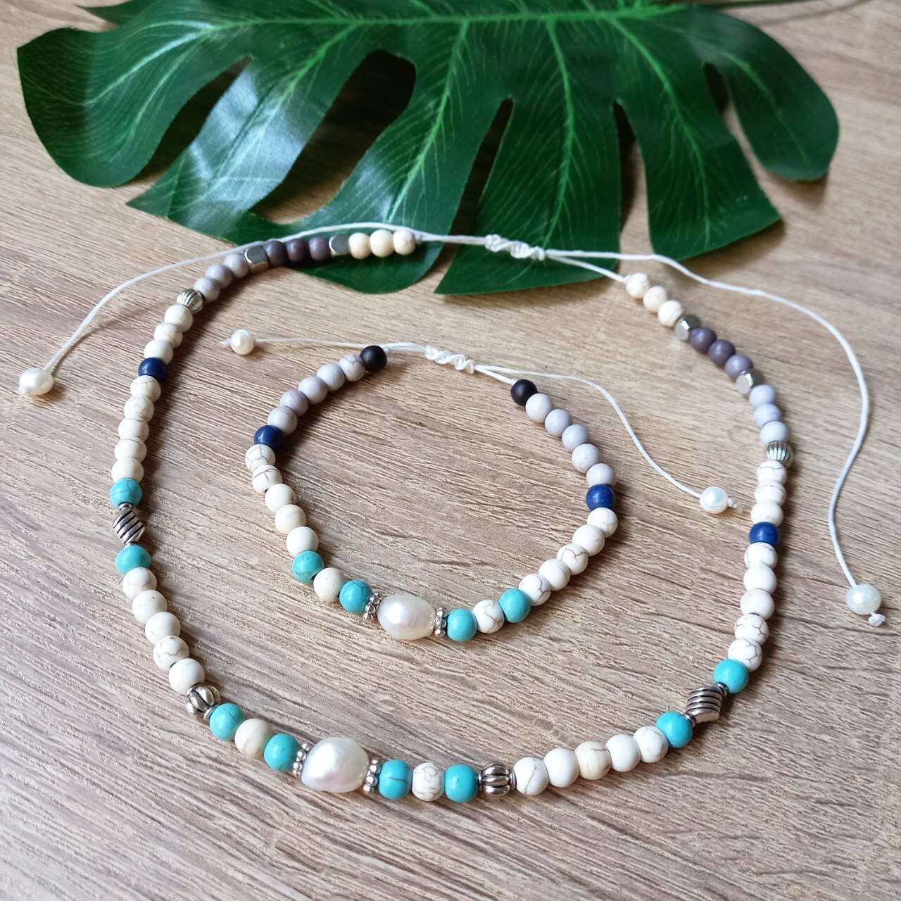 Boho PEARL White Turquoise Statement Necklace Bracelet Set