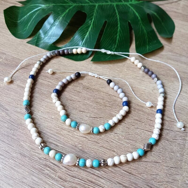 Boho PEARL White Turquoise Statement Necklace Bracelet Set