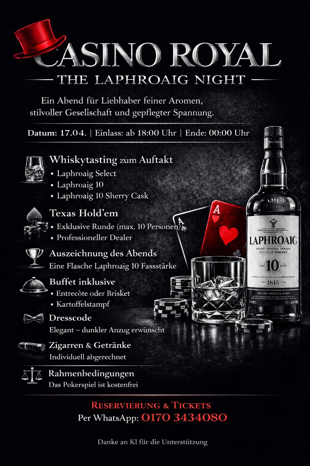 17.4.2026 - Ticket für "Casino Royal- The Laphroaig Night " - Whisky Tasting & Pokern