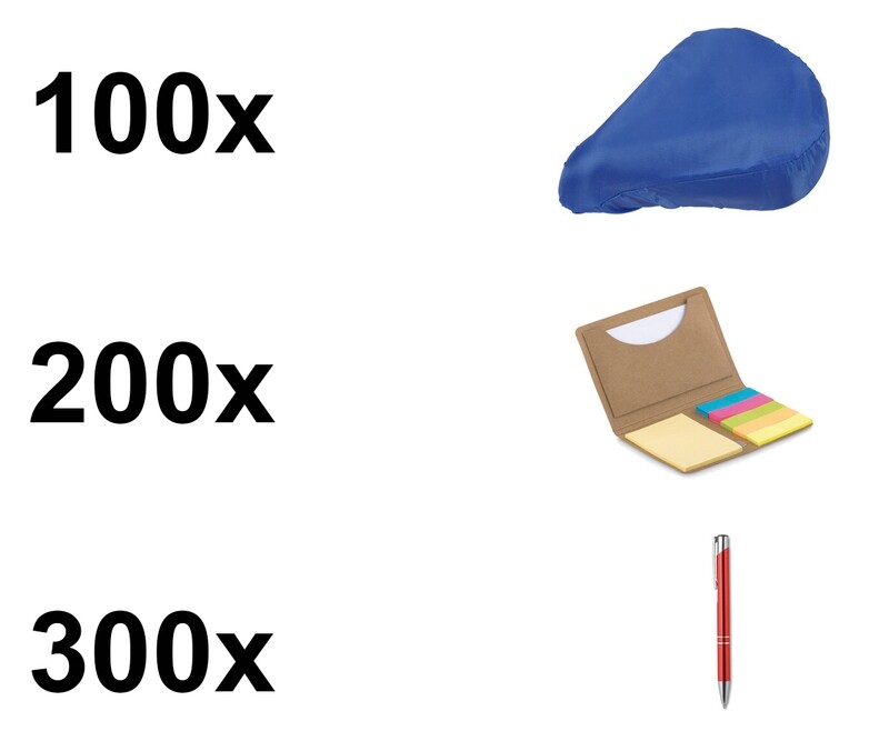 600 pieces: 300x pens - 200x sticky notes - 100x seat cover (incl. print/engraving)