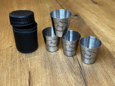 Edelstahl Stamperl 4x mit Lederetui, Schnapsbecher