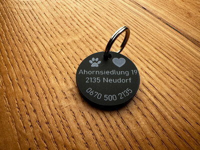Hundemarke bzw. Schlüsselanhänger Acryl schwarz mit Schlüsselring personalisiert
