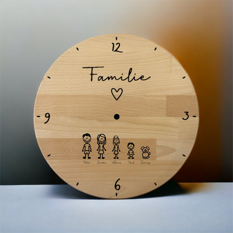 Wanduhr Familie aus Buche, Eiche, Zirbe oder Kiefer mit 29 cm oder 39