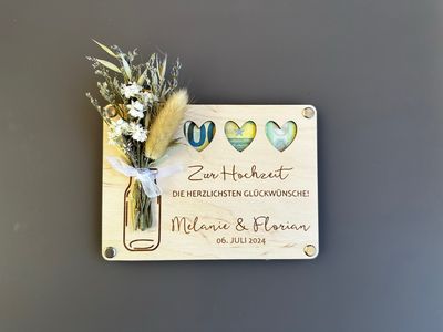 Grußkarte Geldgeschenk aus Holz zur Hochzeit mit Trockenblumen