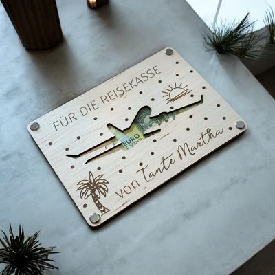 Grußkarte Geldgeschenk personalisiert für die Reisekasse aus Holz