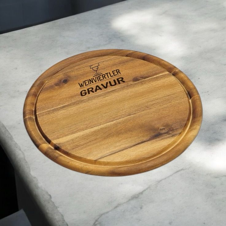 Schneidebrett rund mit Saftrille und Personalisierung mit deinem Logo aus Akazienholz, Durchmesser 25cm, Staffelpreise beachten!
