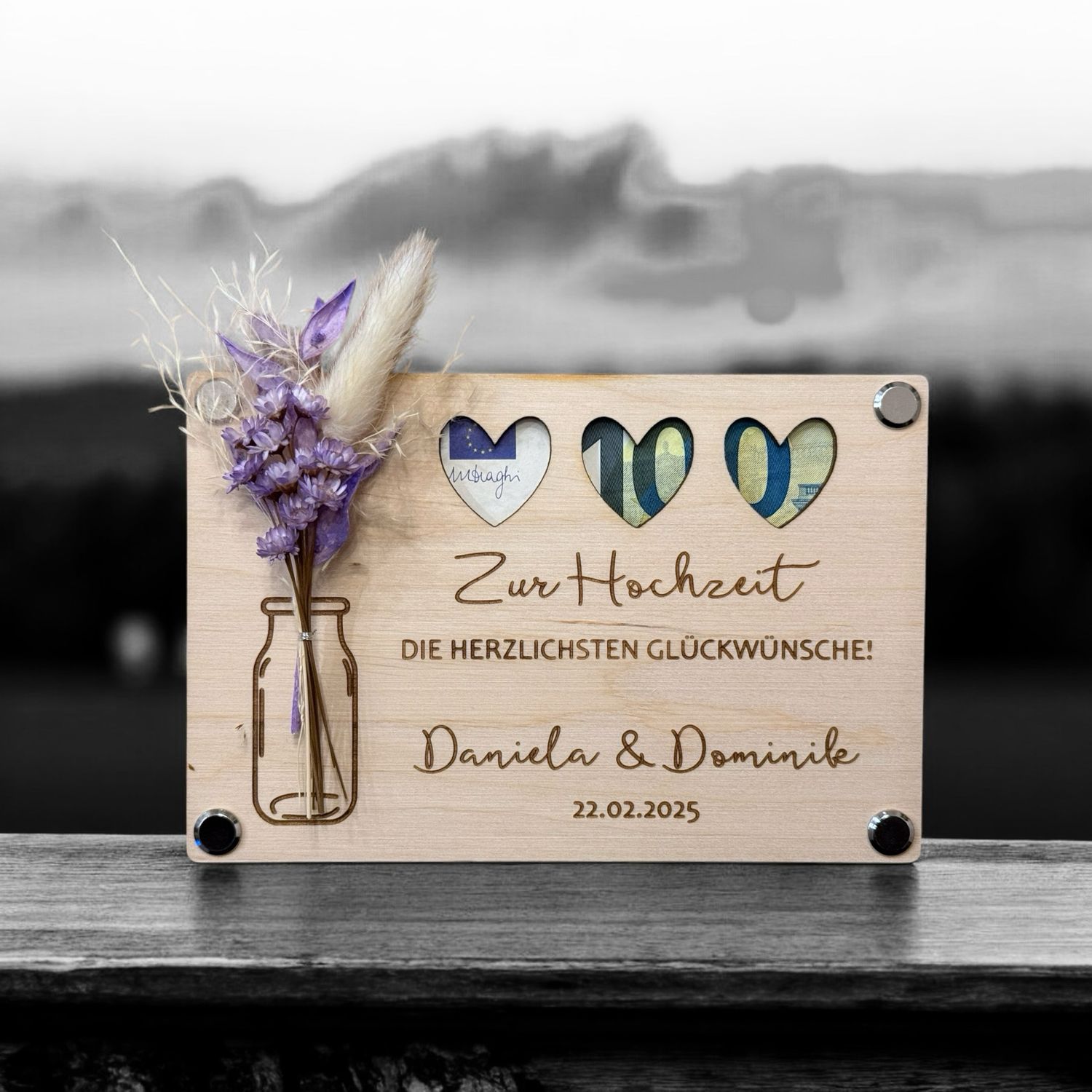 Grußkarte Geldgeschenk aus Holz zur Hochzeit mit Trockenblumen