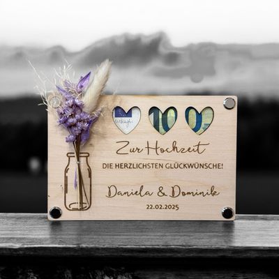 Grußkarte Geldgeschenk aus Holz zur Hochzeit mit Trockenblumen